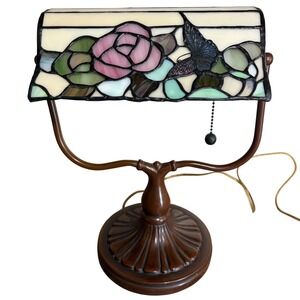 Vintage Tiffany Style Stained Glass Bankers Desk Lamp Floral Butterfly Victorian